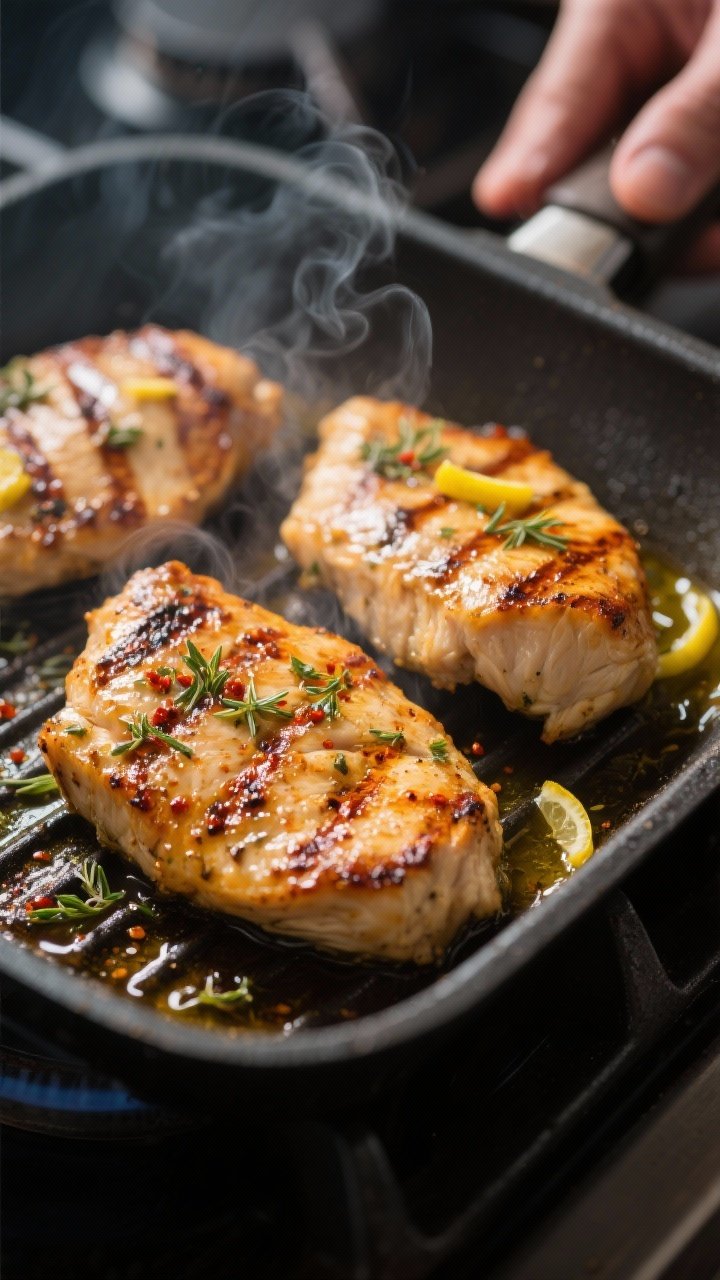 Cooking process, close-up detail: Sizzling Greek marinated chicken cutlets in a preheated grill pan,
