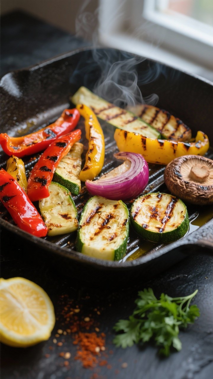 Cooking process, close-up detail: Sizzling grilled vegetable medley in a cast-iron grill pan—charr