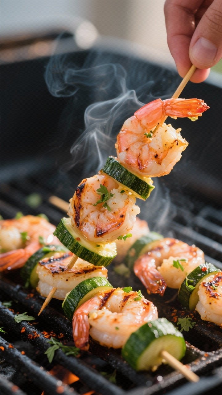 Cooking process, close-up detail: Sizzling grilled shrimp and zucchini skewers over medium-high heat