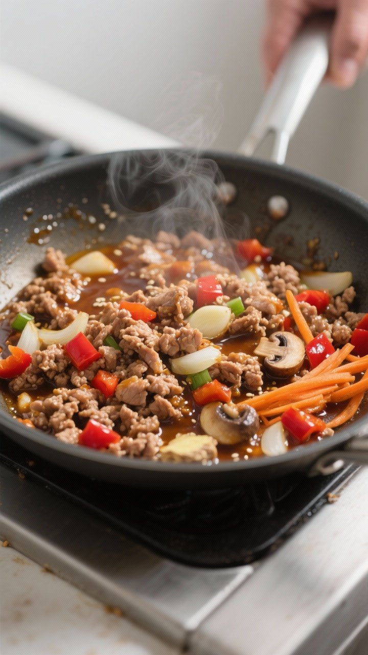 Cooking process, close-up detail: Sizzling ground turkey and diced onions, garlic, and ginger in a w