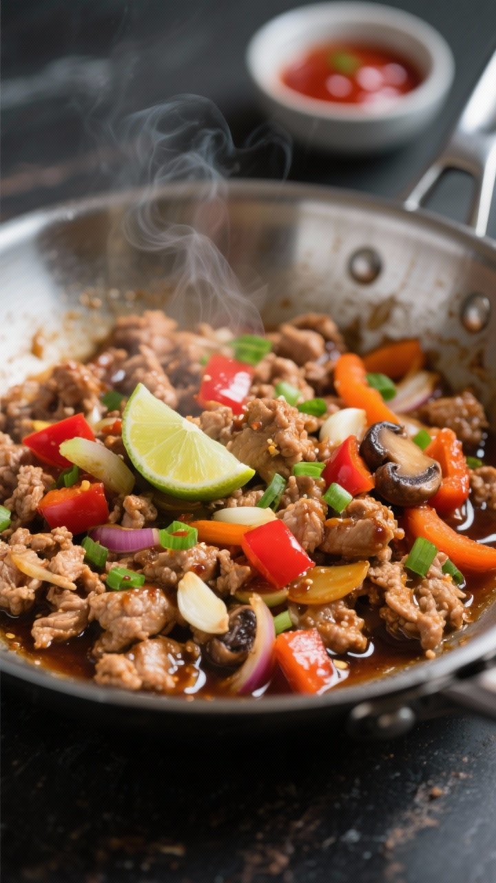 Cooking process, close-up detail: Sizzling ground turkey browning in a wide stainless-steel skillet 