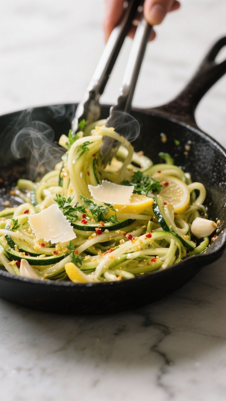 Cooking process, close-up detail: Sizzling skillet of garlic-lemon zoodles just being tossed with to