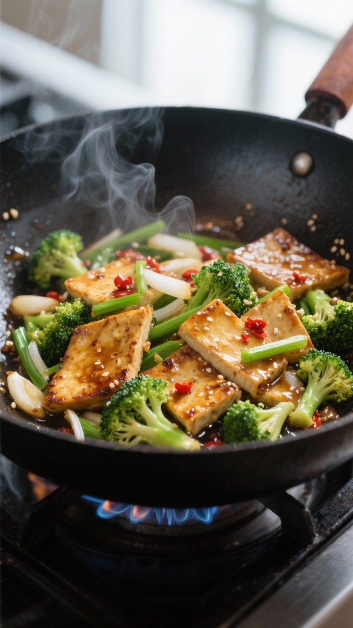 Cooking process, close-up detail: Sizzling tempeh and broccoli in a black carbon-steel wok over medi