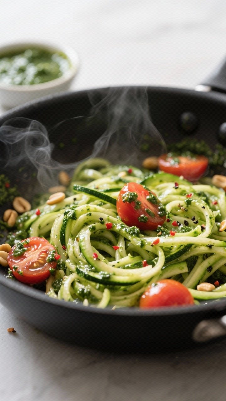 Cooking process, close-up detail: Zucchini noodles being quickly sautéed in a large skillet, just-w