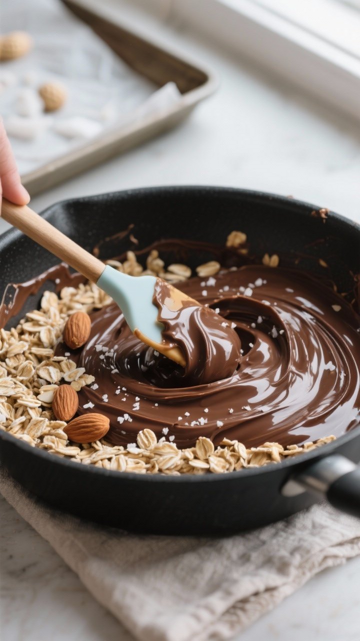 Cooking process close-up: Glossy melted chocolate-peanut butter mixture being folded with old-fashio