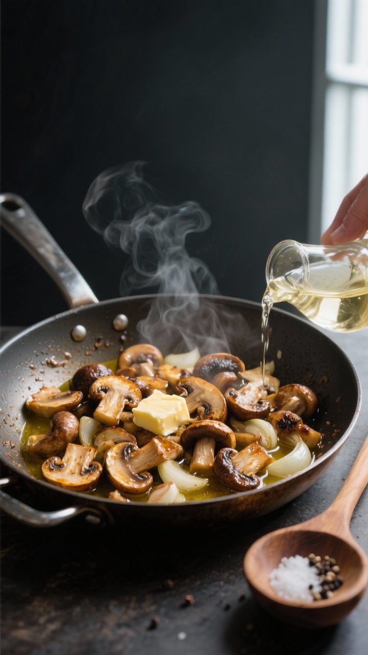 Cooking process close-up: Golden-browned mixed mushrooms (cremini with a few shiitake slices) sizzli