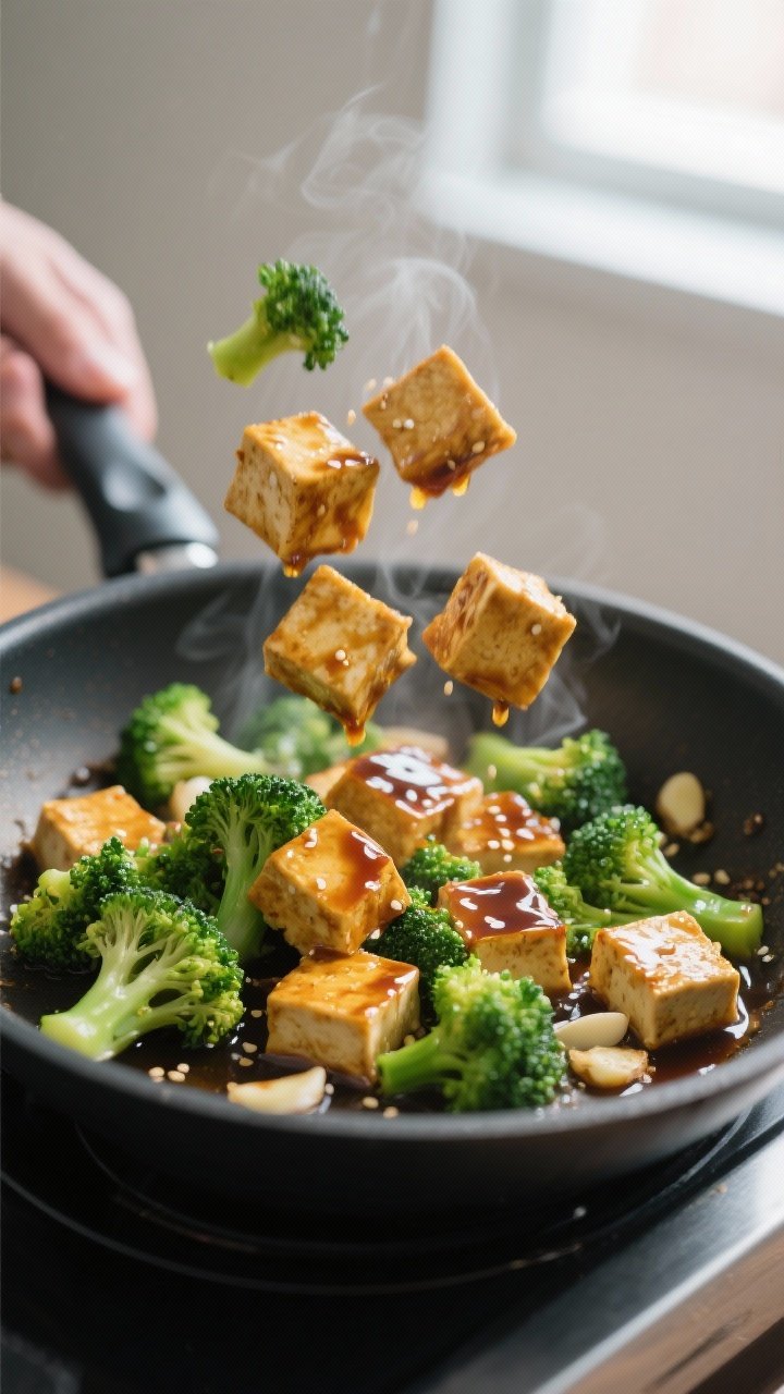 Cooking process close-up: Golden, crisp-edged tofu cubes being tossed back into a skillet of tender-