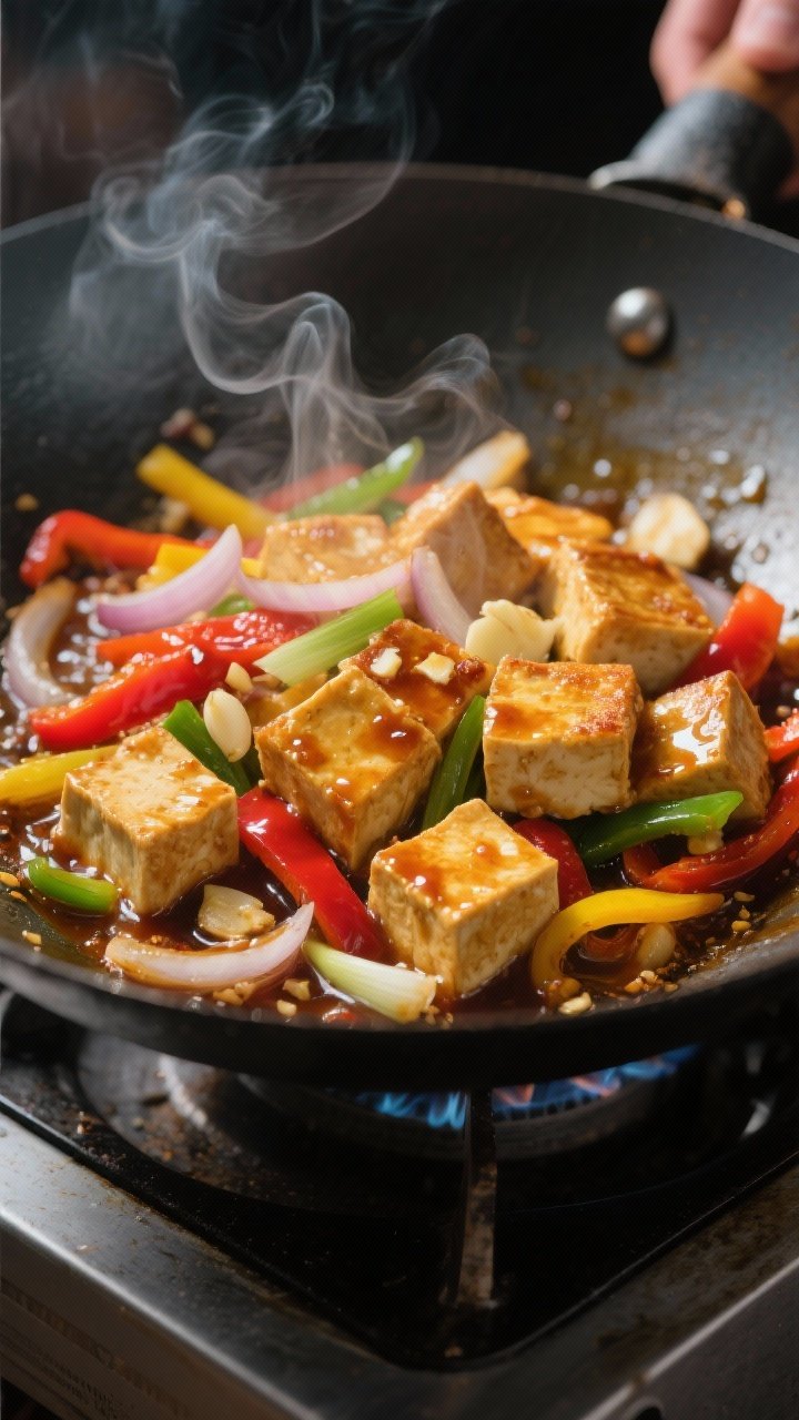 Cooking process close-up: Golden, crisp-edged tofu cubes sizzling in a wok with glossy, thickened sp