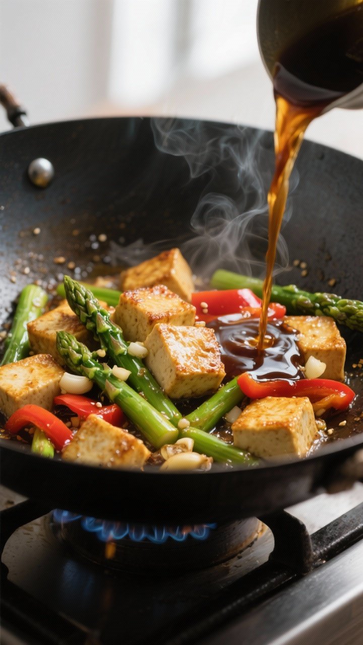 Cooking process close-up: Golden pan-seared tofu cubes and crisp-tender asparagus and red bell peppe