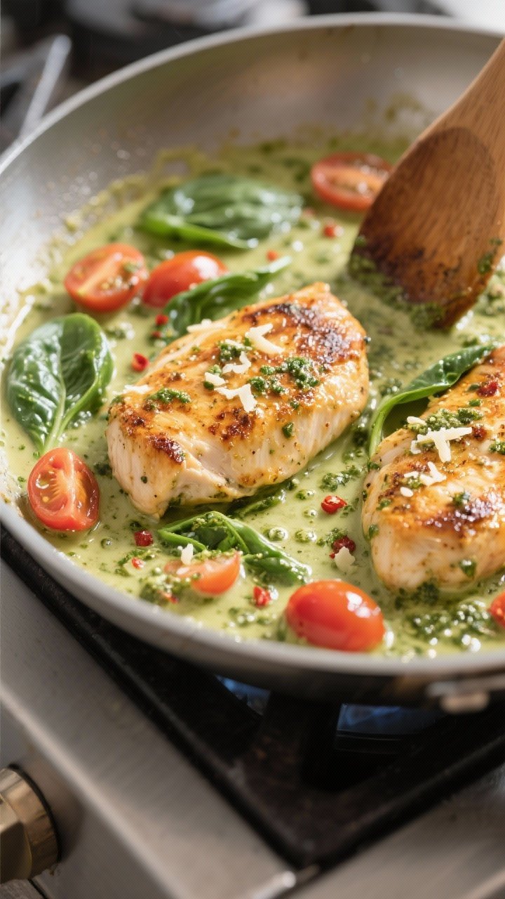 Cooking process, close-up: Golden-seared chicken cutlets simmering in a silky pesto cream sauce in a