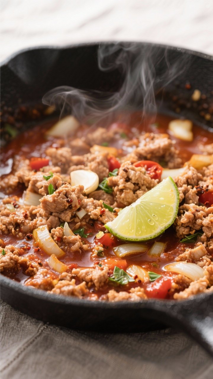 Cooking process close-up: Ground chicken in a large skillet mid-simmer, coated in a lightly thickene