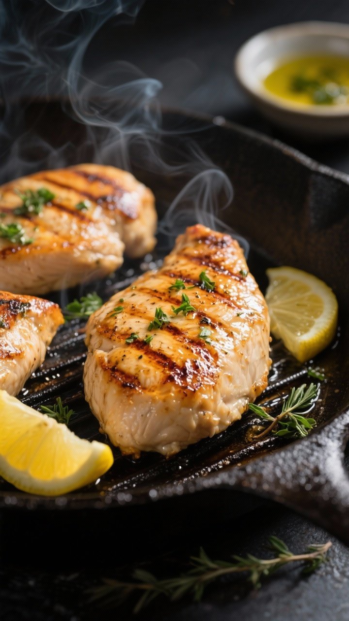 Cooking process close-up: Juicy grilled lemon-herb chicken breasts searing on a hot cast-iron grill 