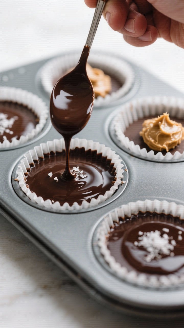 Cooking process close-up: Melted sugar-free dark chocolate mixed with coconut oil being spooned into