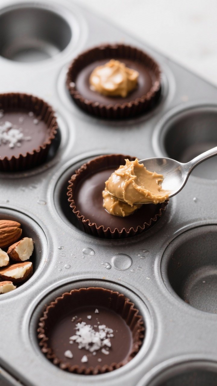 Cooking process close-up: Mini keto chocolate almond butter cups being assembled in a mini muffin ti