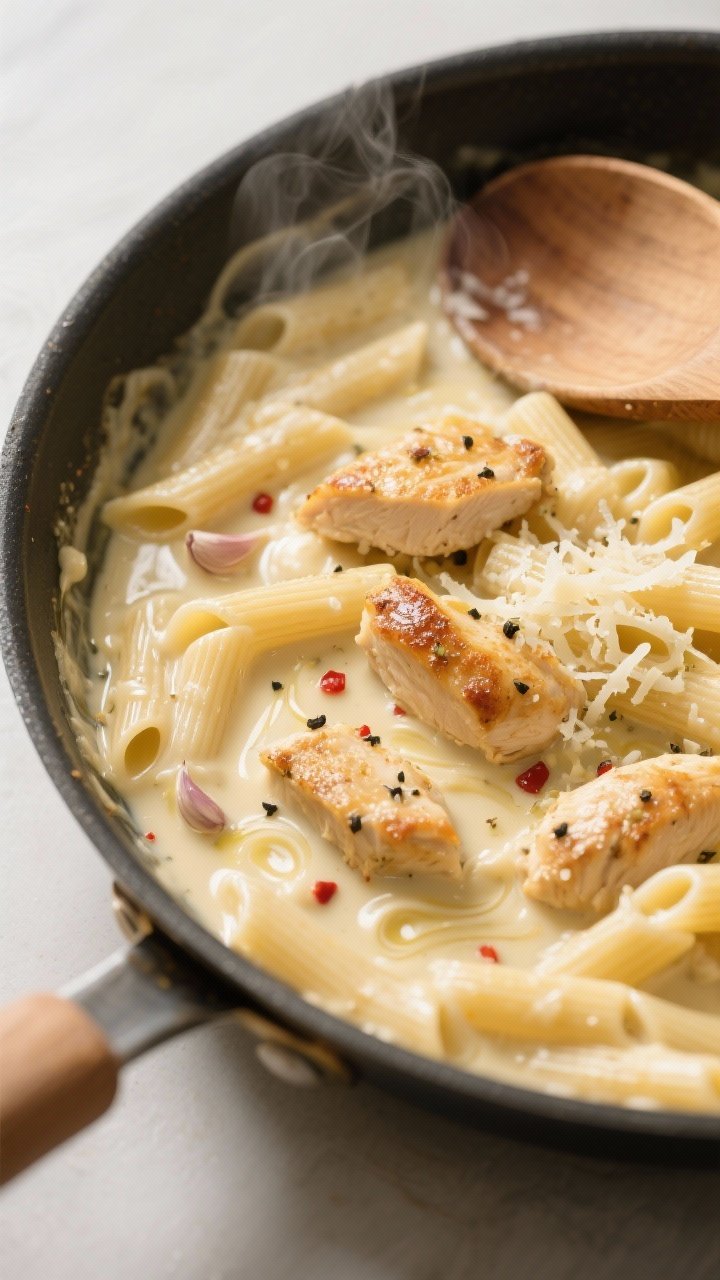 Cooking process close-up: One-pot chicken Alfredo pasta mid-simmer in a deep stainless skillet, over