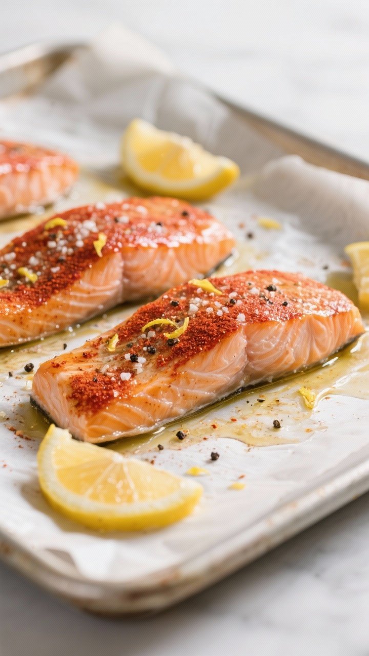 Cooking process close-up: Salmon fillets roasting on a parchment-lined sheet pan at 425°F, skin-sid