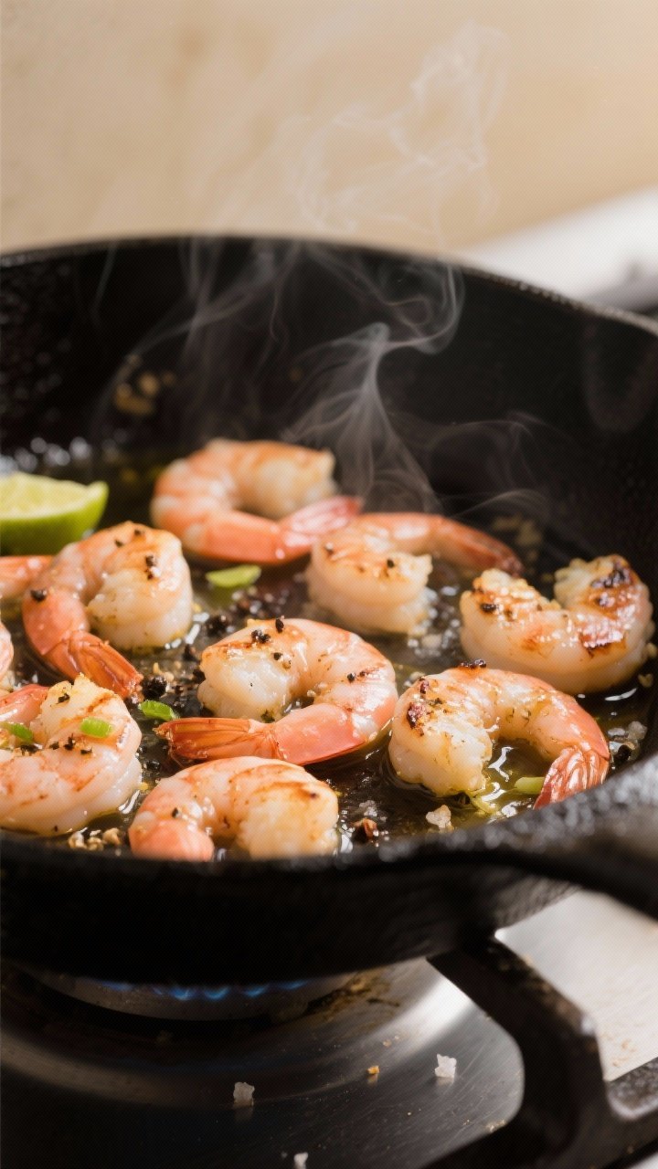 Cooking process close-up: Sautéed shrimp in a black cast-iron skillet, mid-cook, showing plump, jus