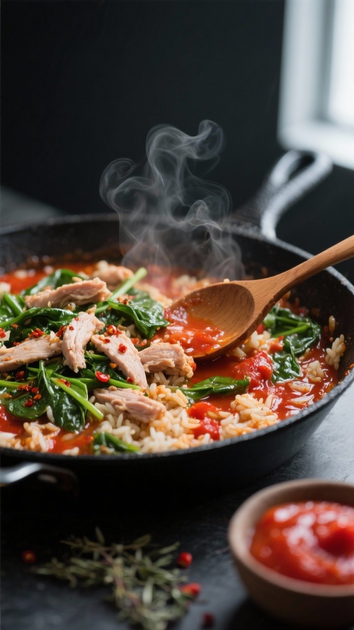 Cooking process close-up: Sautéed turkey and spinach filling in a black skillet, glistening with to