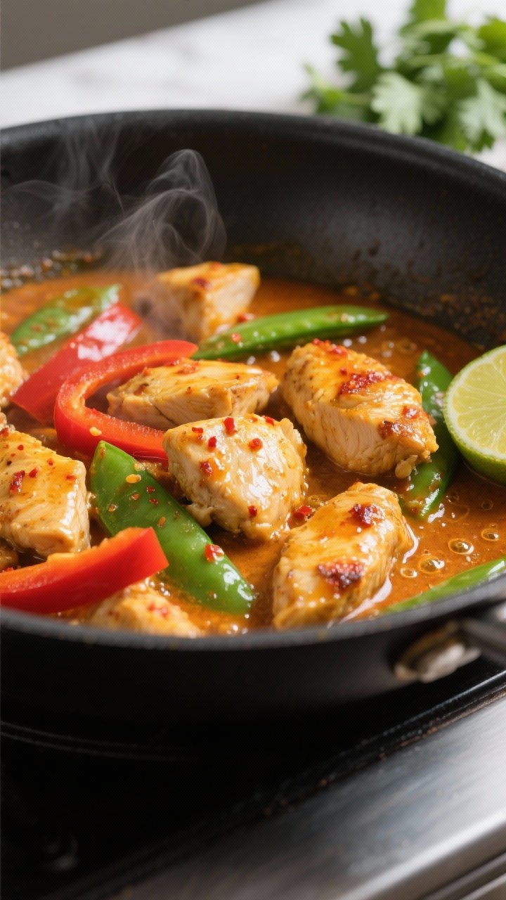 Cooking process close-up: Searing coconut curry chicken in a wide skillet as the sauce begins to thi