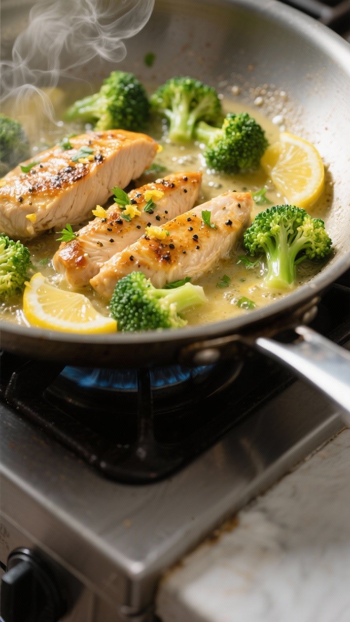 Cooking process close-up: Searing lemon pepper chicken strips in a large stainless skillet, golden-b