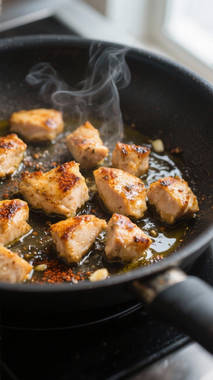 Cooking process close-up: Searing marinated chicken bite-size pieces in a hot skillet until golden w