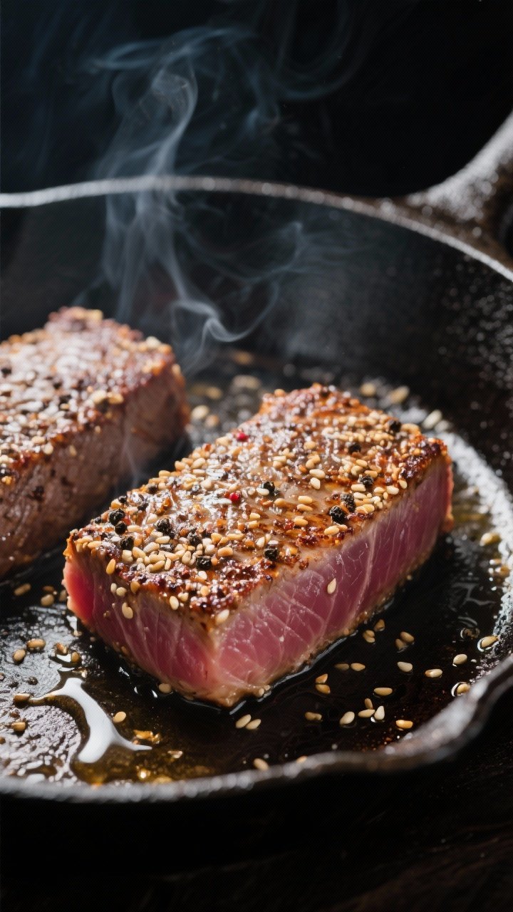 Cooking process close-up: Searing pepper- and sesame-crusted tuna steaks in a screaming-hot cast-iro