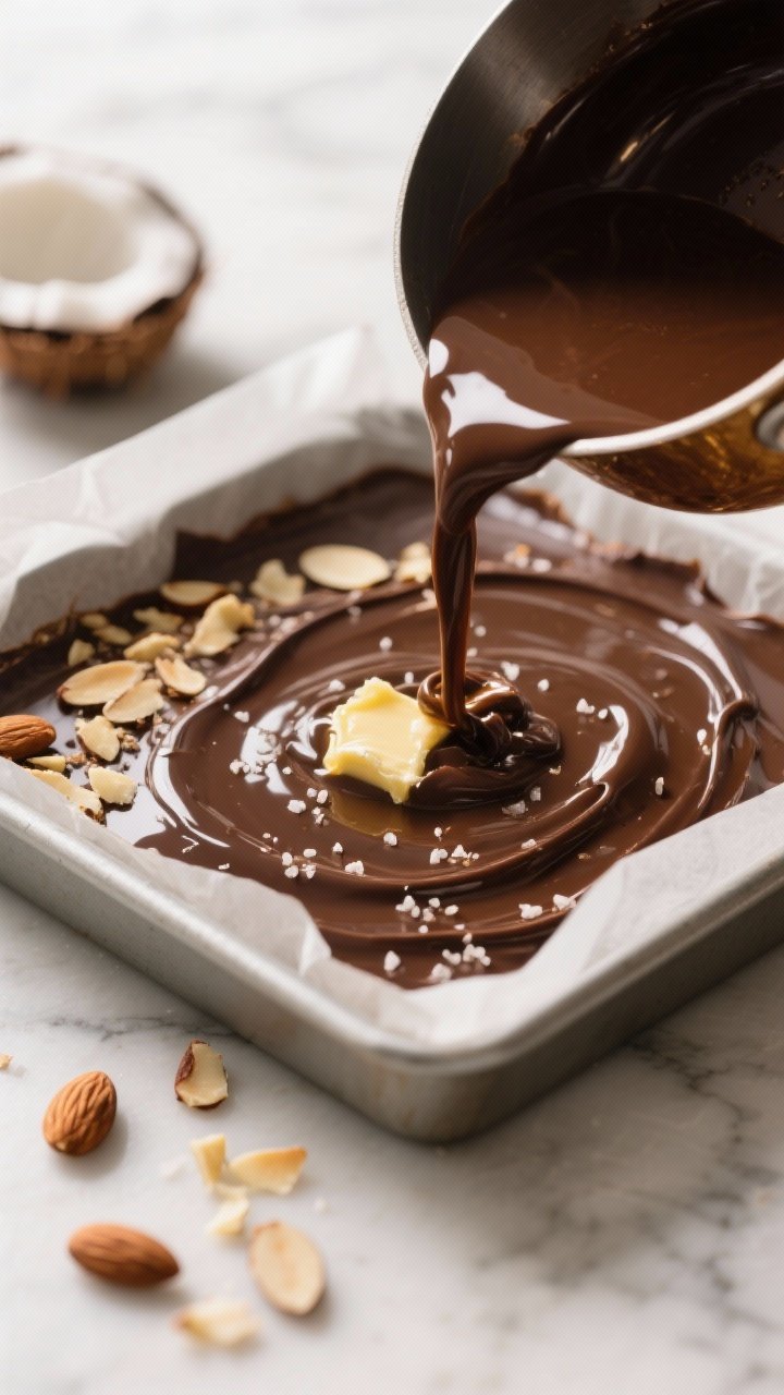 Cooking process close-up: Shallow depth-of-field macro of glossy melted dark chocolate fudge base be