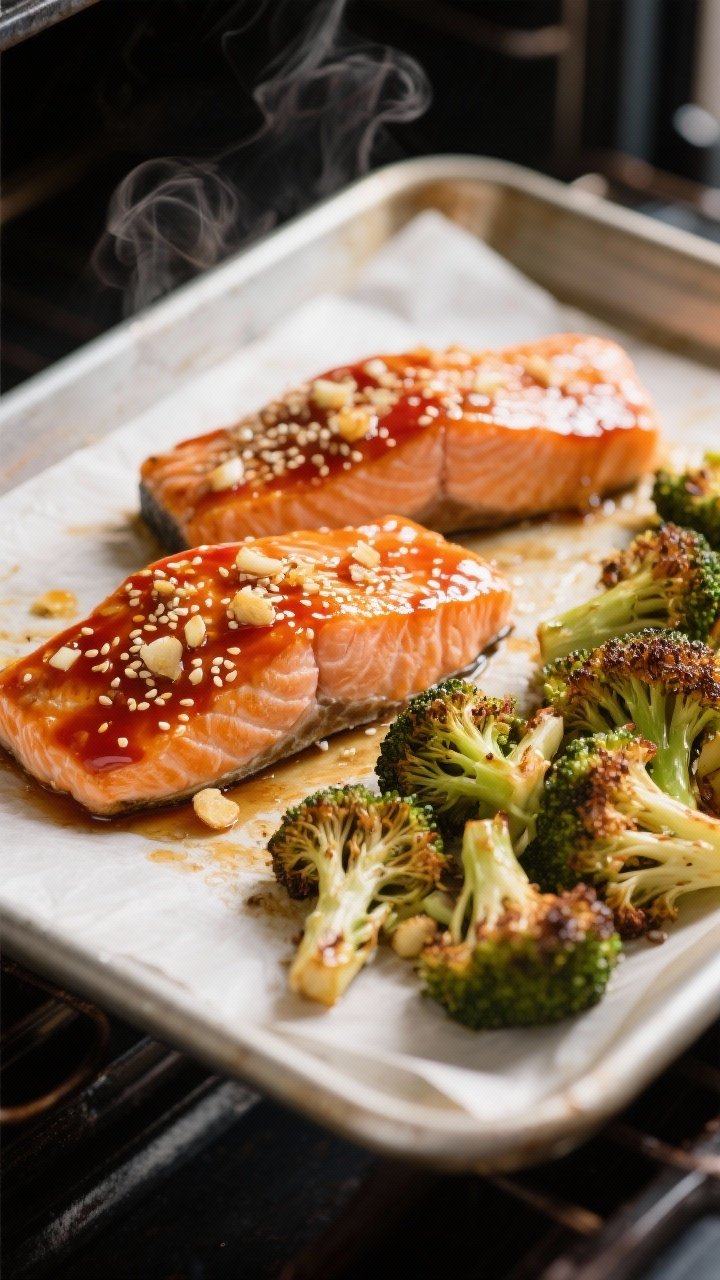 Cooking process close-up: Sheet pan in a 425°F oven with salmon fillets roasting skin-side down bes