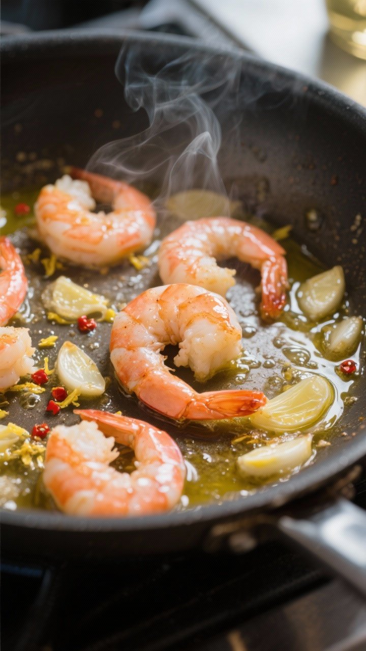 Cooking process close-up: Shrimp sizzling in a large skillet mid-cook, glistening in olive oil with 