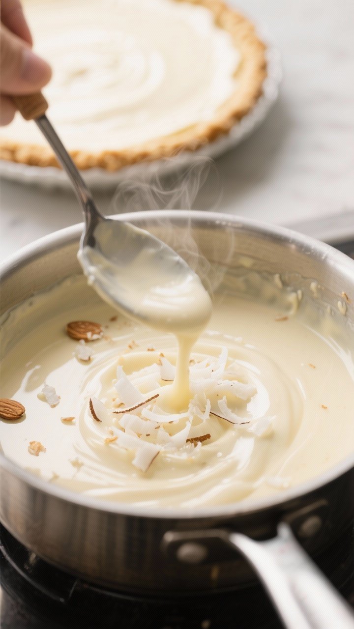 Cooking process close-up: Silky coconut custard for keto coconut cream pie being whisked in a stainl