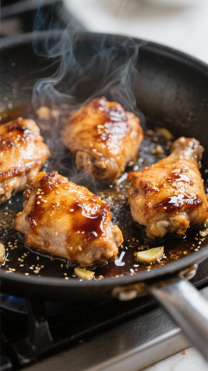 Cooking process close-up: Sizzling chicken thighs searing in a large skillet over medium-high heat, 
