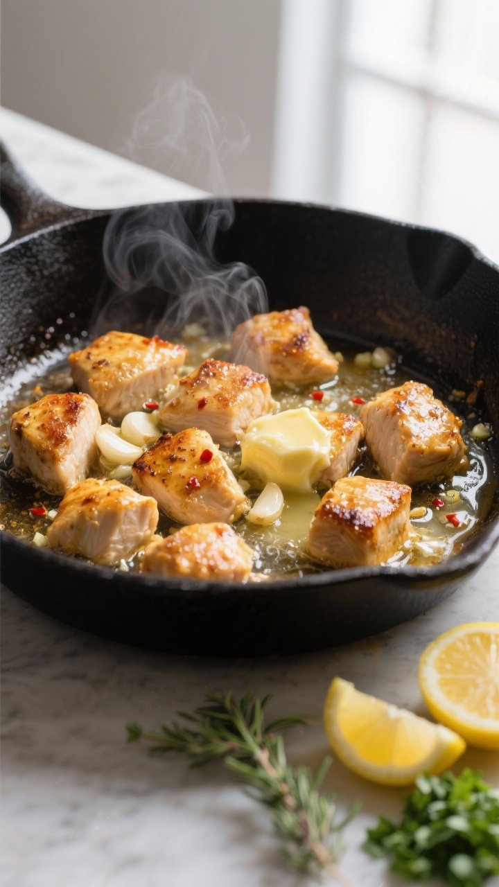 Cooking process close-up: Sizzling garlic butter chicken bites searing in a large black skillet, gol