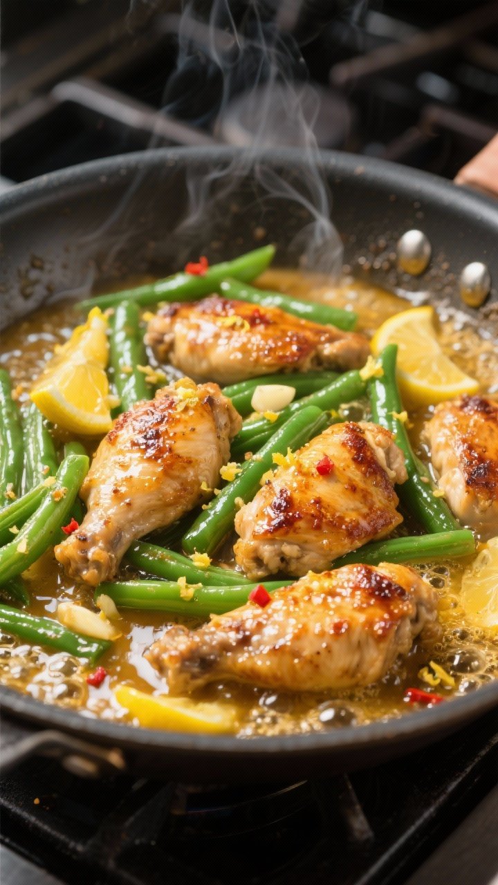 Cooking process, close-up: Sizzling honey-lemon chicken and green beans in a large skillet mid-simme