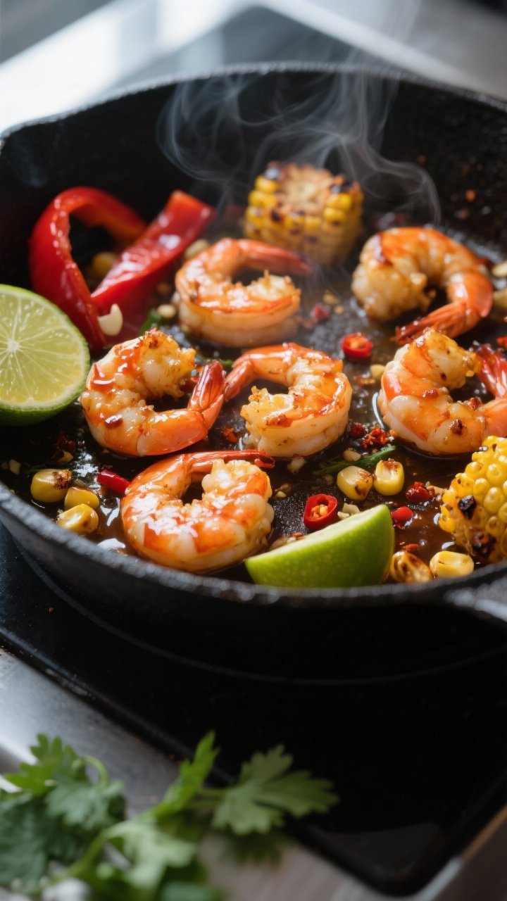 Cooking process close-up: Sizzling spicy shrimp in a black cast-iron skillet mid-glaze, shrimp curle
