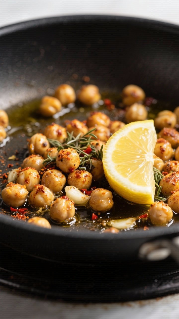 Cooking process close-up: Skillet-crisped chickpeas sizzling in olive oil, coated in cumin, smoked p