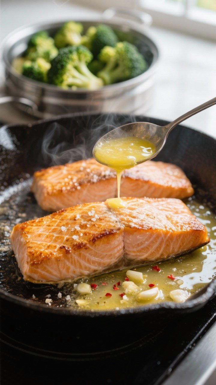 Cooking process close-up: Skin-on salmon fillets searing skin-side down in a preheated cast-iron ski