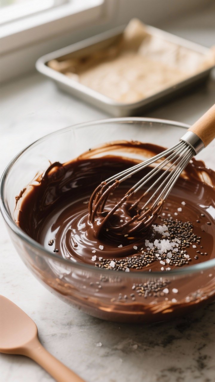 Cooking process close-up: Thick, glossy melted dark chocolate, coconut oil, and nut butter mixture b