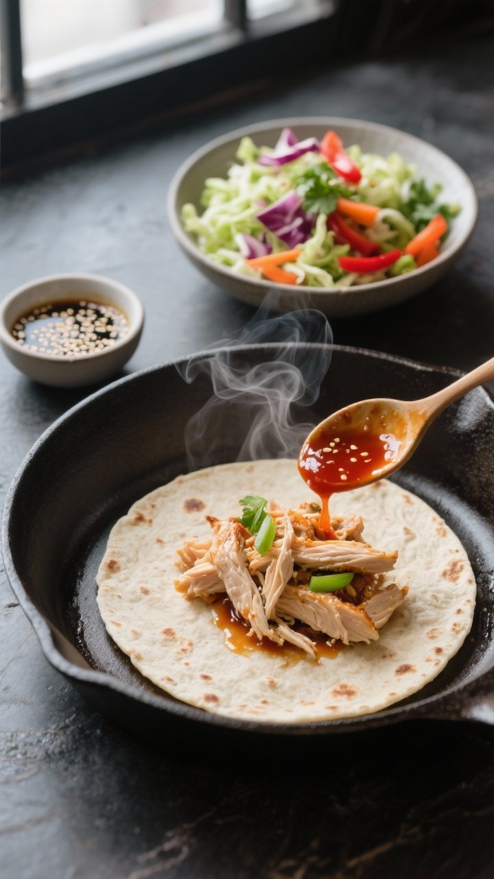 Cooking process close-up: Warm tortilla on a cast-iron skillet for 10–15 seconds per side, steam c