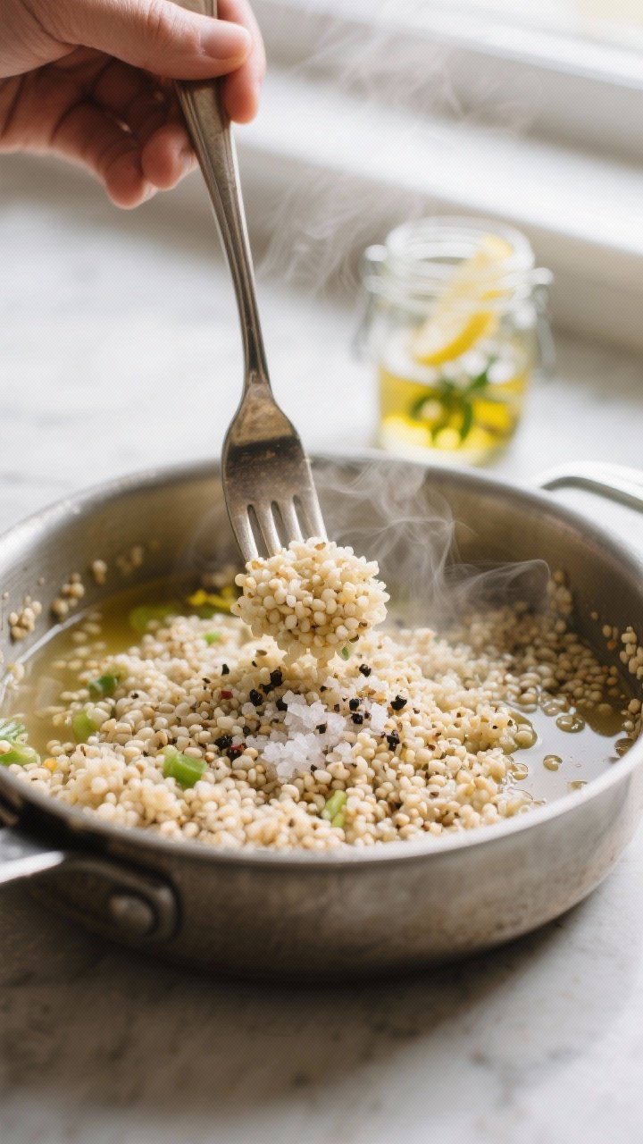 Cooking process — Fluffy quinoa just finished steaming: close-up of a saucepan of quinoa cooked in
