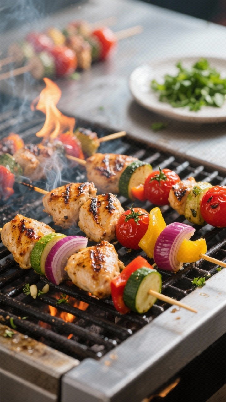 Cooking process — Grilled chicken and veggie skewers sizzling over medium-high heat on clean, oile