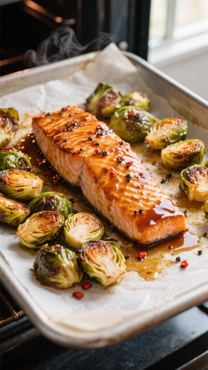 Cooking process, overhead: A parchment-lined sheet pan just pulled from a 425°F oven, showing maple