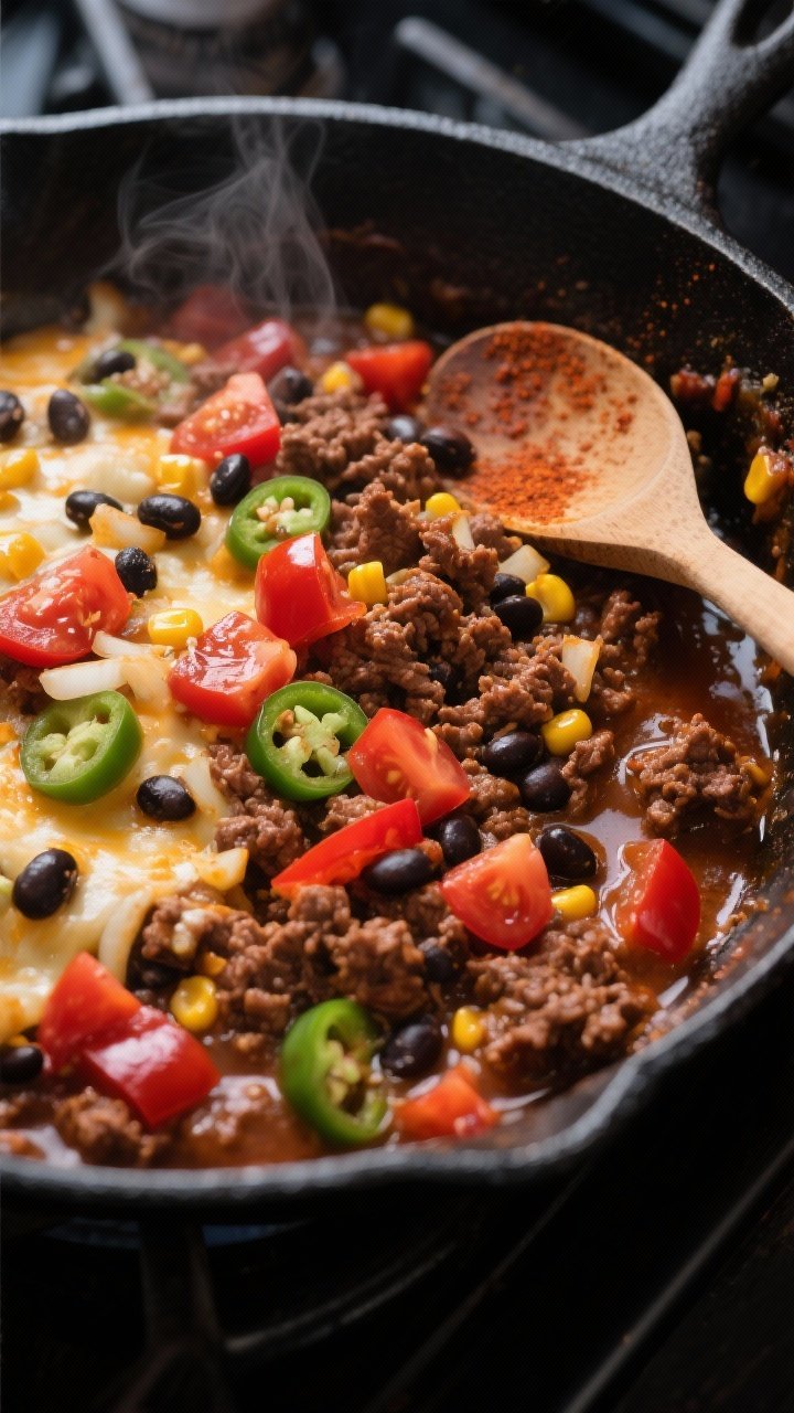 Cooking process, overhead: Cheesy Taco Skillet mid-simmer in a large black cast-iron skillet on the