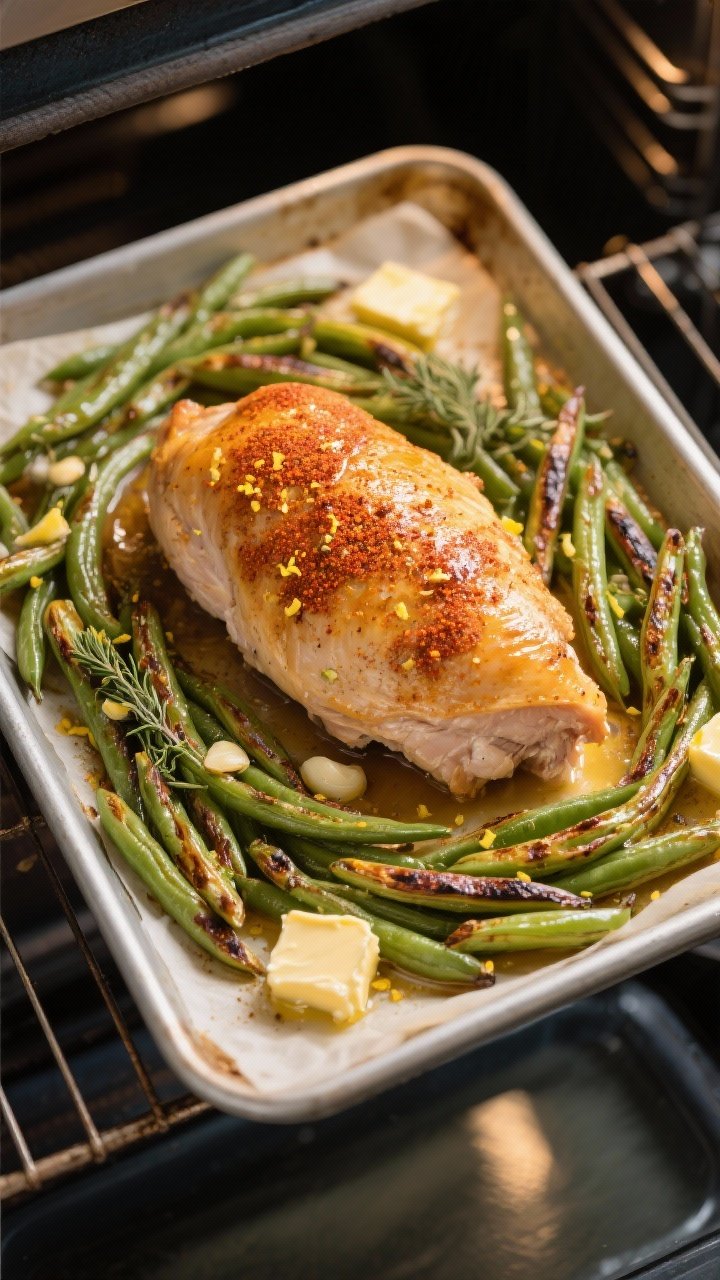 Cooking process, overhead: Overhead shot of a sheet pan in the oven just after basting, showing a go