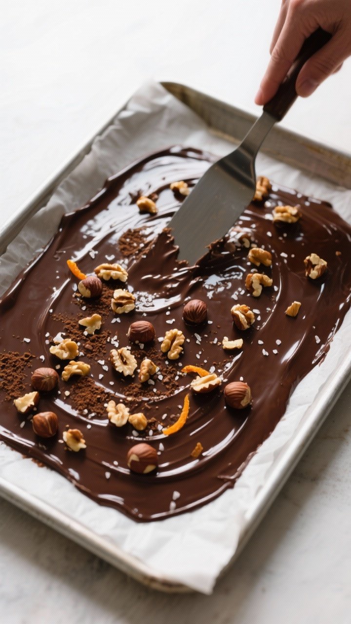Cooking process, overhead: Overhead shot of glossy melted sugar-free dark chocolate in a parchment-l