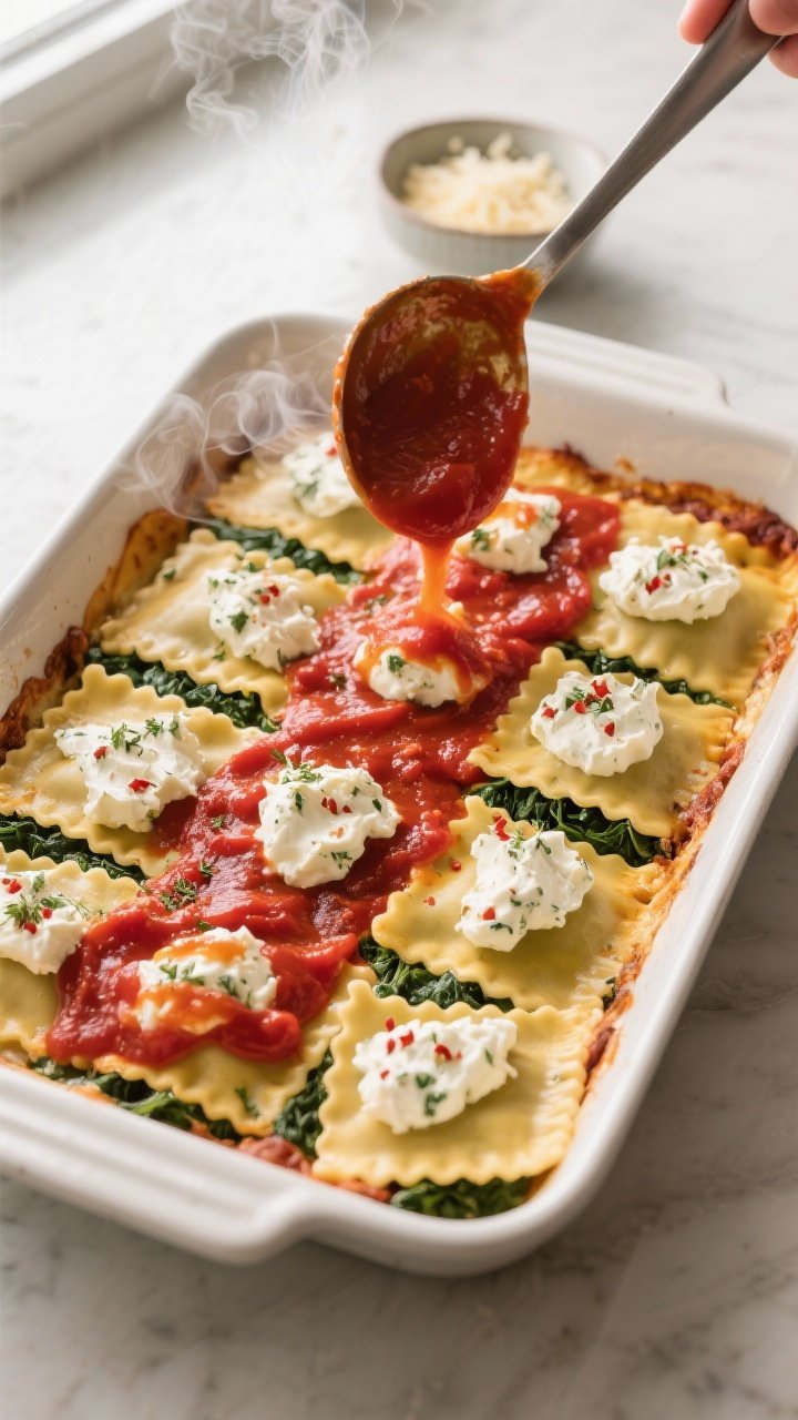 Cooking process, overhead shot: A 9x13 baking dish mid-assembly of Cheesy Spinach Ravioli Bake, over
