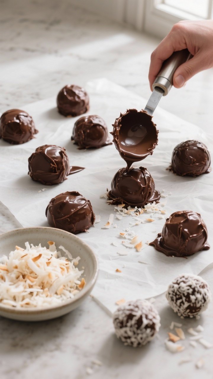 Cooking process overhead shot: Chilled ganache being portioned and rolled—uniform scoops of the da
