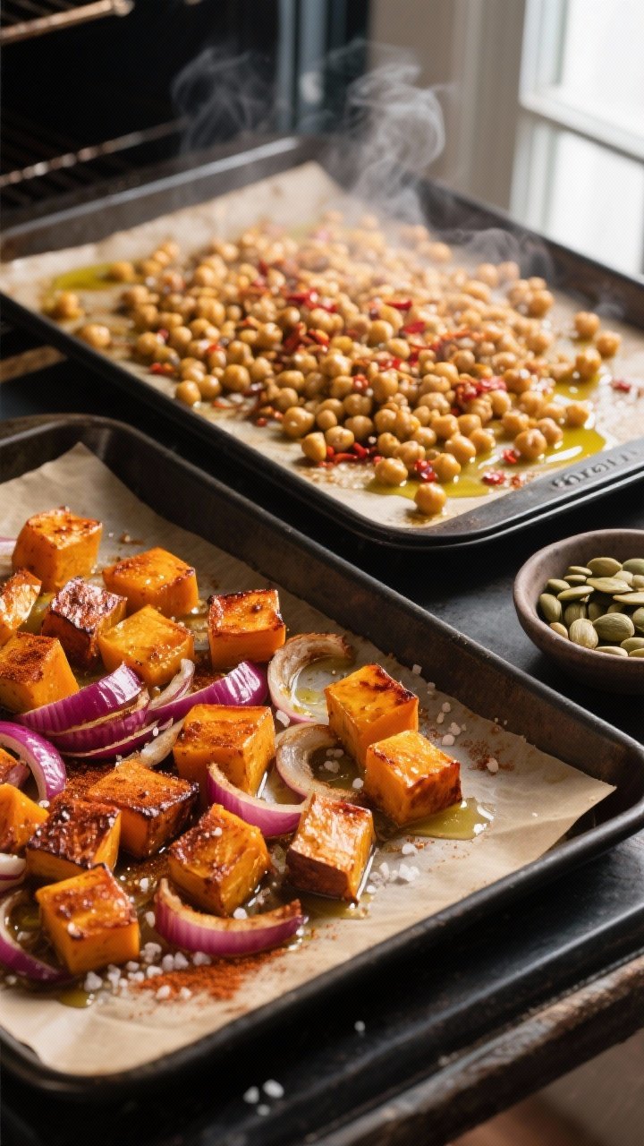Cooking process – roasted components on sheet pans: Overhead shot of two parchment-lined sheet pan