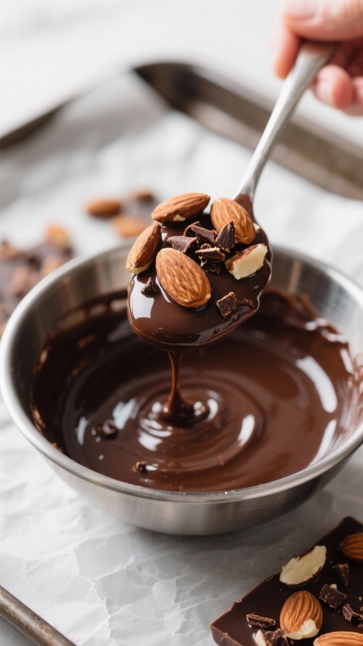Cooking process shot: Close-up of glossy, freshly melted sugar-free dark chocolate in a stainless st