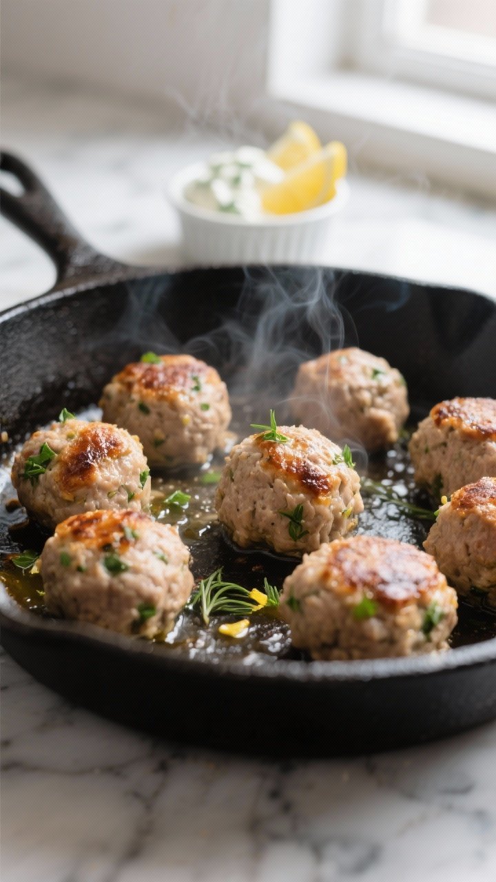 Cooking process, skillet sear: Greek-inspired turkey meatballs sizzling in a matte black skillet, mi