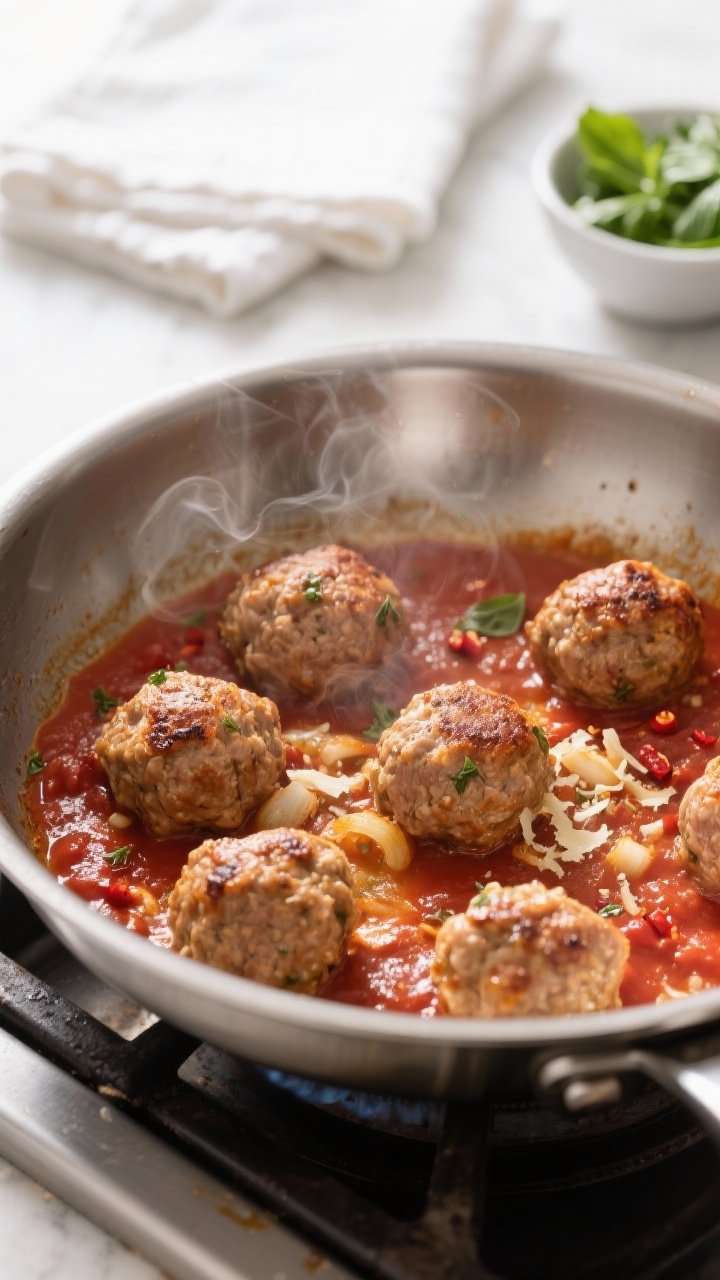Cooking process, stovetop: Juicy turkey meatballs searing to a deep golden-brown in a wide stainless